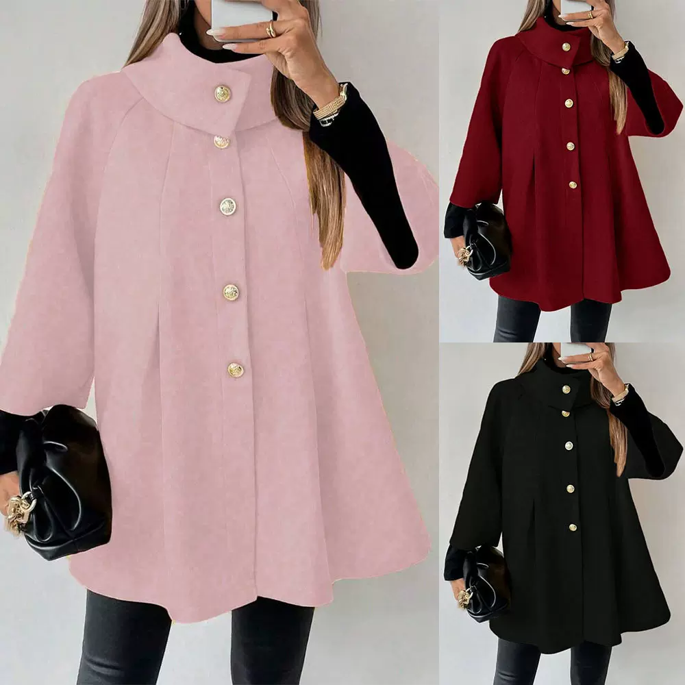 2025新款欧美跨境外贸女装亚马逊独立站立领单排扣七分袖毛呢大衣