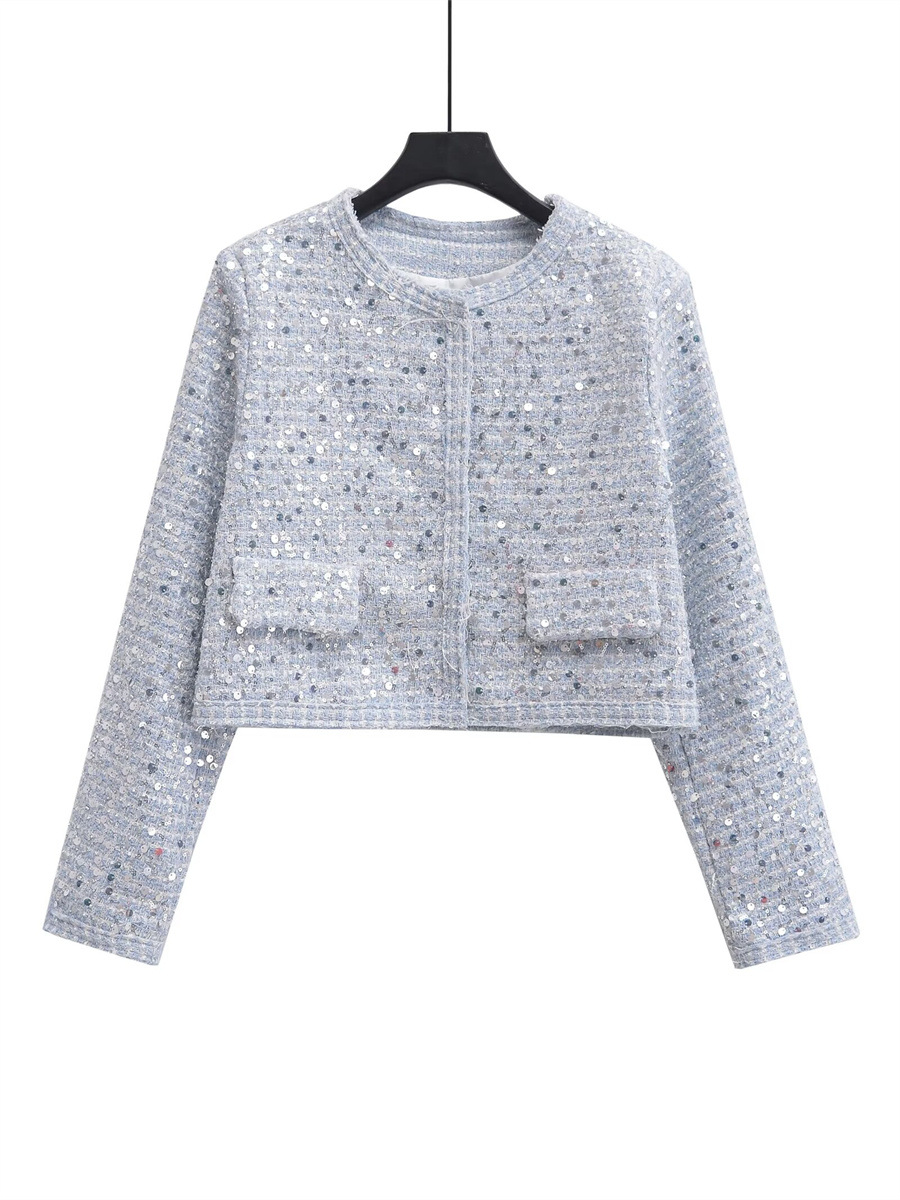 Polyester Fabric Type Women's Elegant Streetwear Solid Color Sequins Single Breasted Coat Casual Jacket