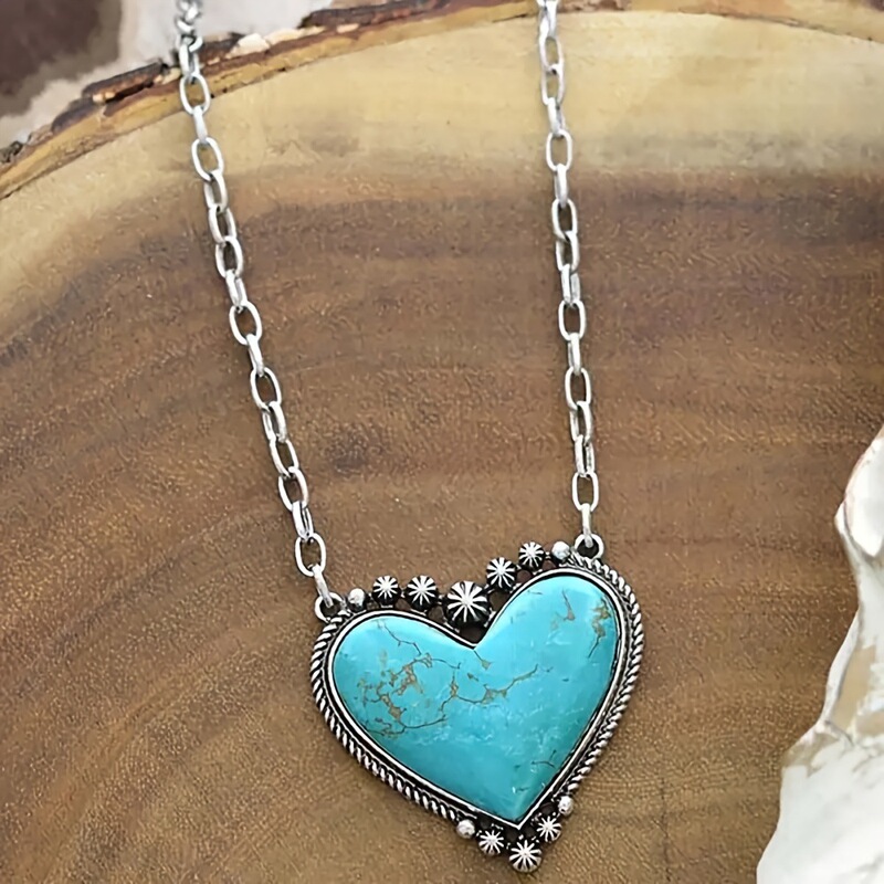 Cross-Border Ebay Temu Creative Retro Heart Turquoise Pendant Necklace Personalized Fashion Party Bohemian