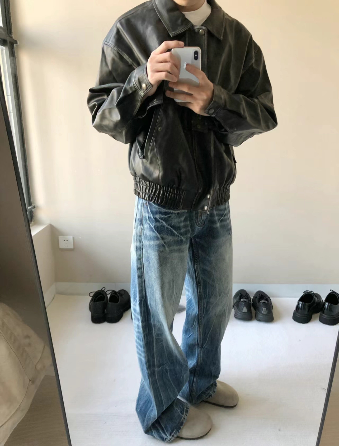Vintage Washed Lightning Bolt Jeans Straight Leg Denim Pants_voghion.com