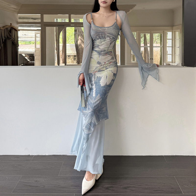 伊莉雅网纱开衫印花吊带连衣裙套装女 2025秋季个性连衣裙YL25275|undefined