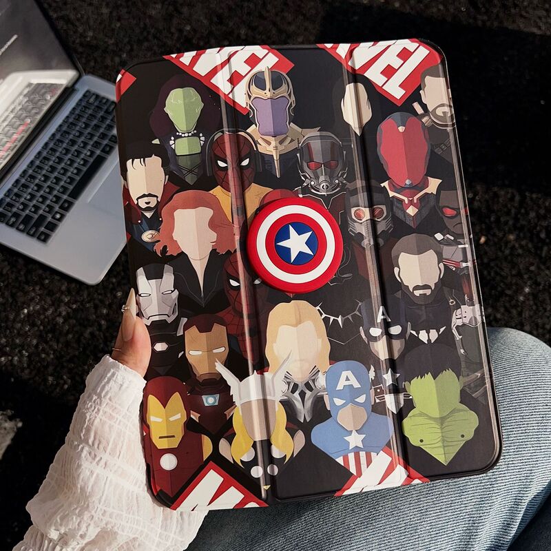 Suitable for Apple iPad Case Huawei Tablet Protective Leather Case Marvel Men's Cartoon Anti-Fall Protective Case with Pen Slot