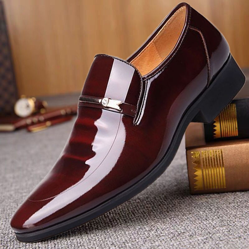 Men's Leather Shoes Youth Large Size Business Casual Formal Slip-On Shoes Patent Leather Glossy Shoes Black Cross-Border Wedding Shoes