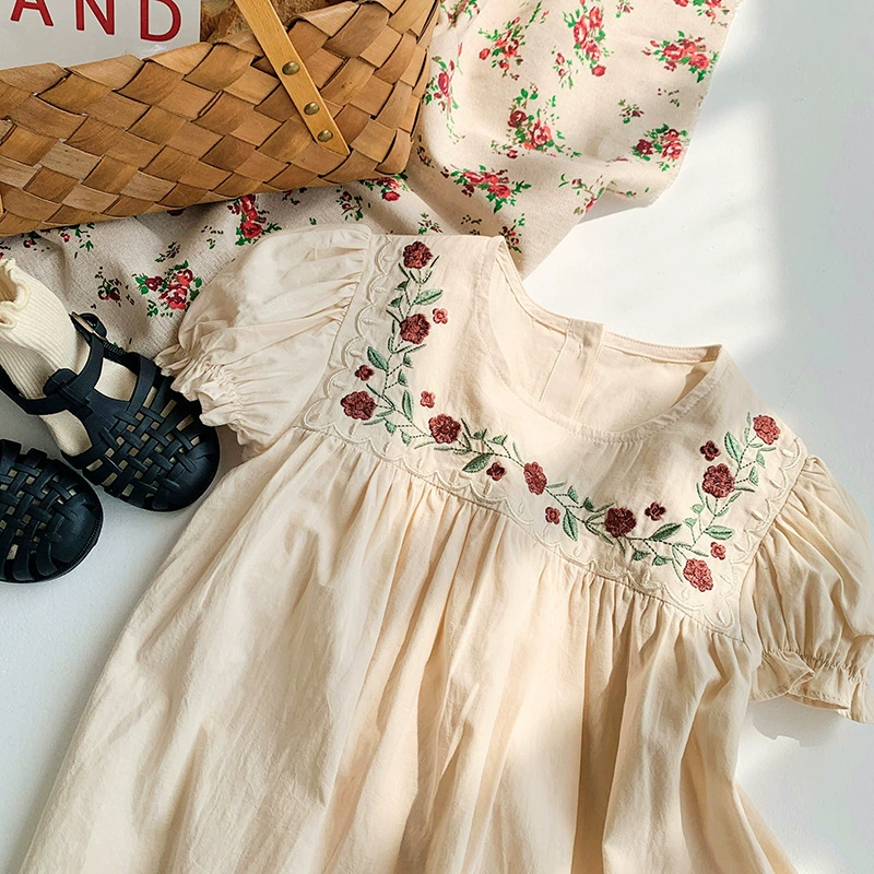 Summer dress, skirt girl's, french style, with embroidery, flowered, western style, with short sleeve