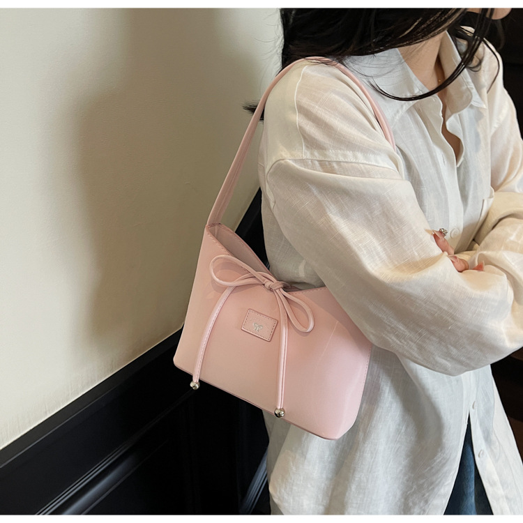 Women's fashion bucket bag 2025 new retro handbag, bow single-shoulder bag, solid color versatile underarm bag undefined