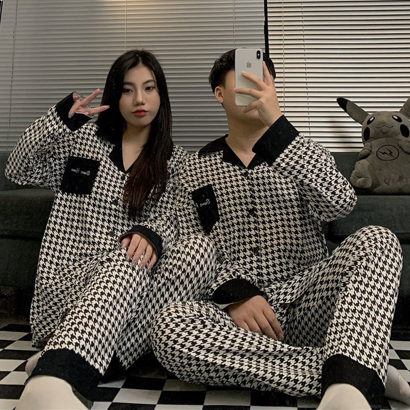 Corea del Sur houndstooth pijamas de alta calidad hombres y mujeres de primavera y otoño pantalones de manga larga pareja de dos piezas conjunto otoño e invierno internet celebridad ropa para el hogar
