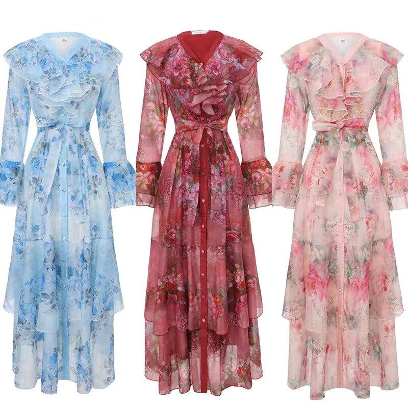 GRETA 2026 Spring/Summer New Multi-layered Ruffle Sleeve Color-Block Printed Long Dress
