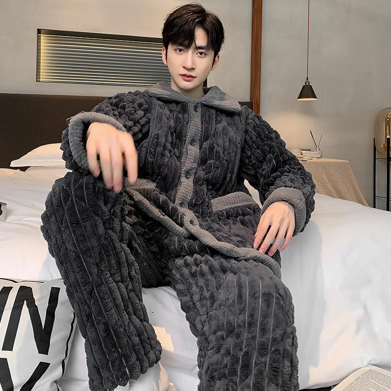 간단한 청소년 산호 벨벳 퀼트 잠옷 남성 가을, 겨울 정장 두꺼운 따뜻한 가정 옷 플란넬은 외부에서 착용 가능
