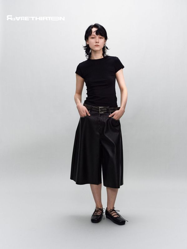 十三行R13美式复古个性通勤纯色百搭PU皮裤阔腿裤中裤25AW|undefined