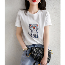 2023年夏季新款日系舒适柔软丝网滑纱刺绣可爱小猫咪宽松短袖T恤