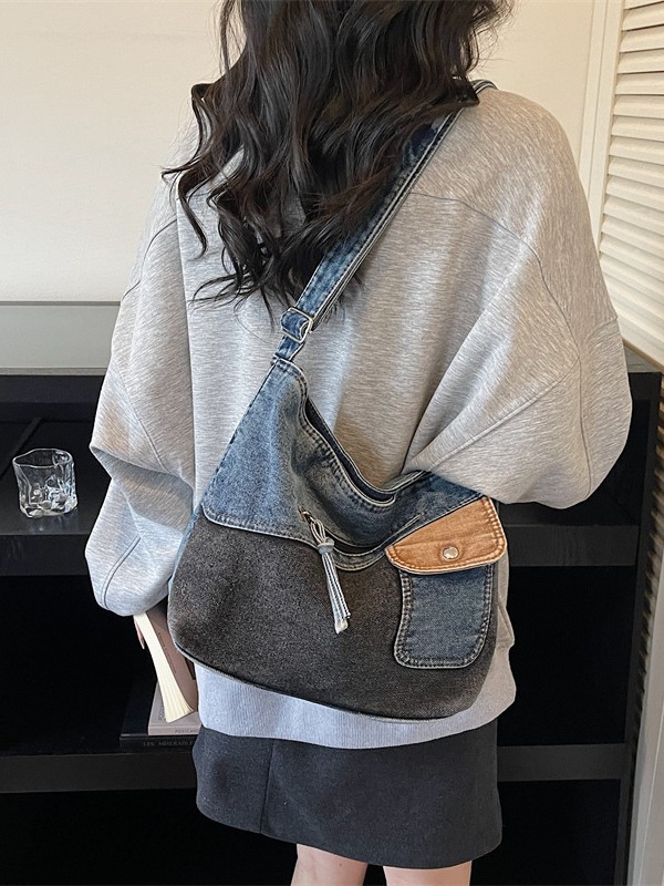 Bolso de denim de gran capacidad para mujeres 2026 retro color contrastante empalme mochila de hombro de viaje bolsa de ocio image 1