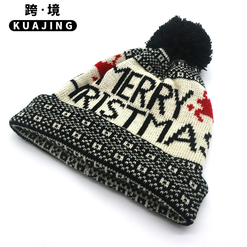 冬季时尚圣诞帽子圣诞老人毛球帽子提花针织圣诞帽保暖护耳毛线帽