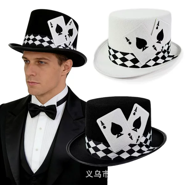 In-Stock Halloween Party Hip-Hop Black and White Playing Card Lincoln Hat Stage Performance Spade Magician Hat