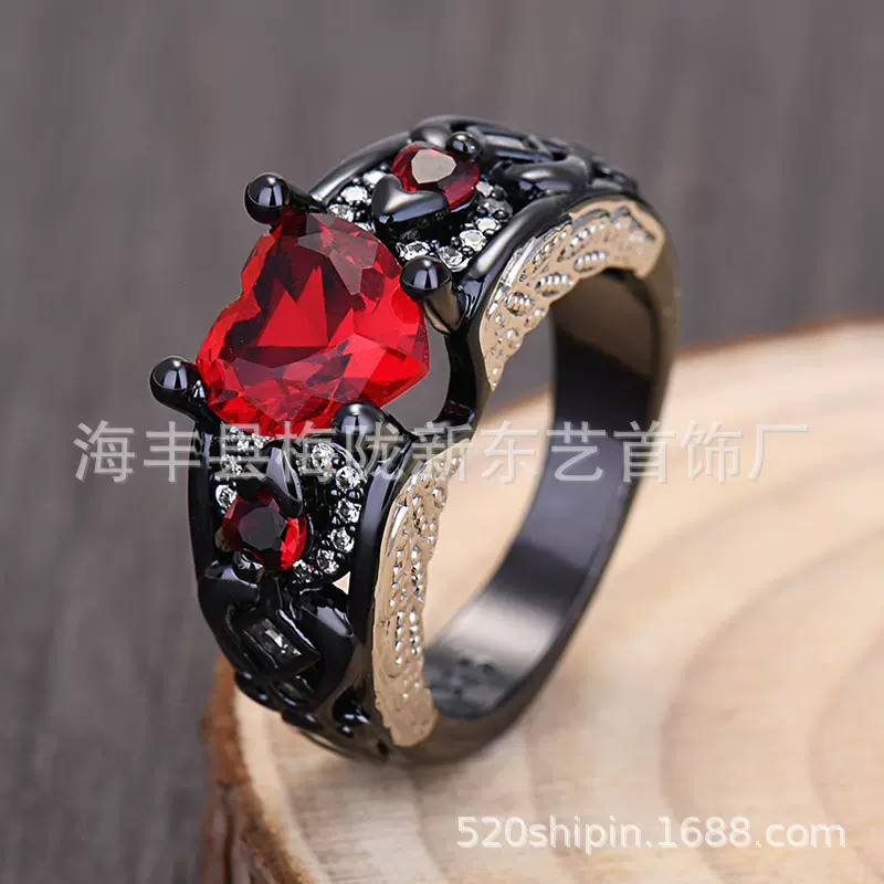 镶嵌爱心形石榴红水晶钻戒指 镀银黑分色镶锆石欧美时尚指环