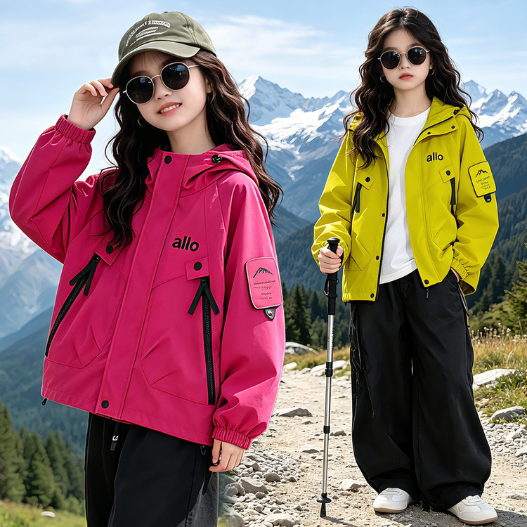 Girls' Autumn and Winter Hooded Jacket, Outdoor Hiking Coat, Thickened, Warm, Waterproof, Trendy Children's Jacket