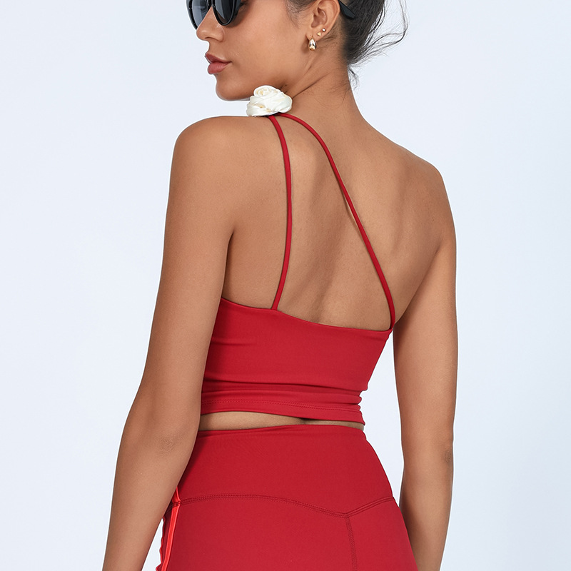 Top de yoga con tirantes y diseño floral, color rojo festivo, efecto adelgazante, de secado rápido, a prueba de golpes, sujetador deportivo para correr y hacer ejercicio para mujer.