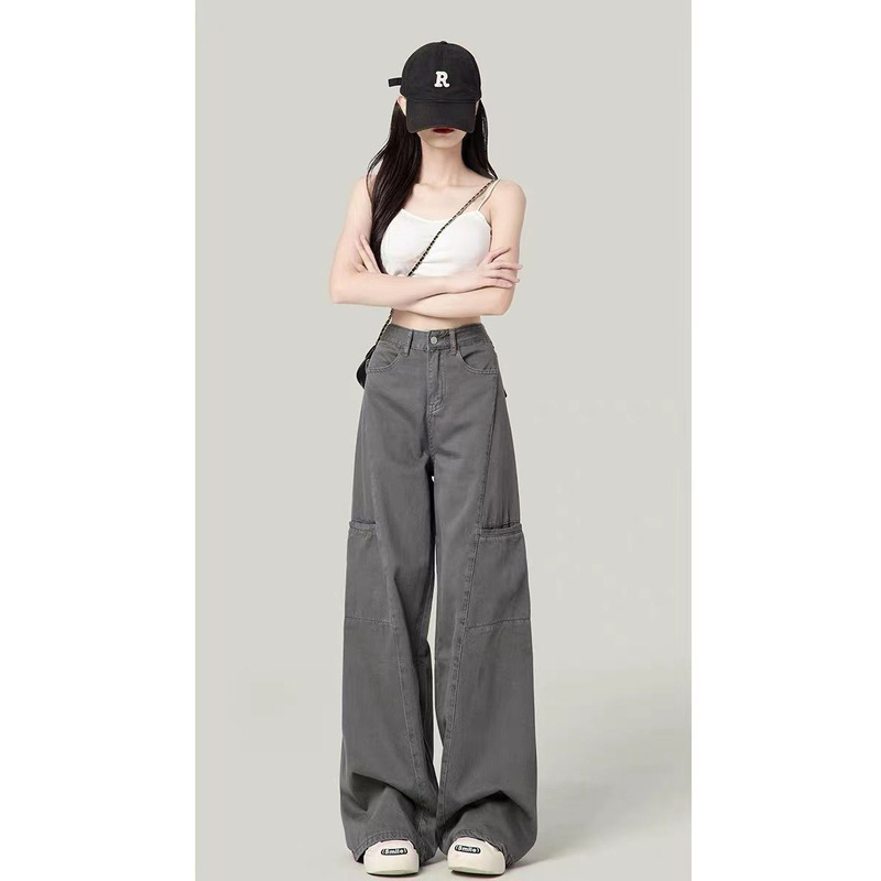 【广州新塘牛仔】美式灰色工装牛仔裤女宽松显瘦直筒高腰阔腿拖地|undefined