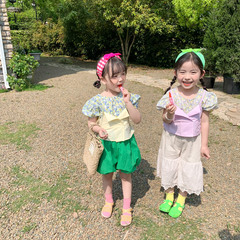 跨境童裝夏季新款女童小碎花襯衫韓版寶寶泡泡袖洋氣兩件套