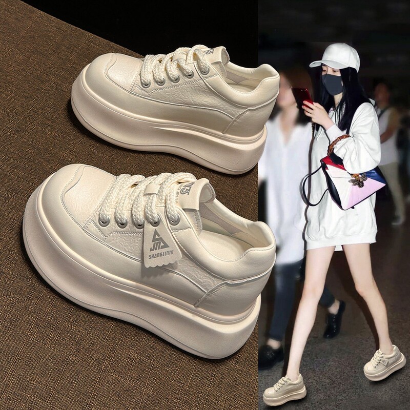 Soft leather version~10cm internal height increase white sneakers for petite women, 2026 new spring thick-soled platform shoes Soft leather version~10cm internal height increase white sneakers for petite women, 2026 new spring thick-soled platform shoes