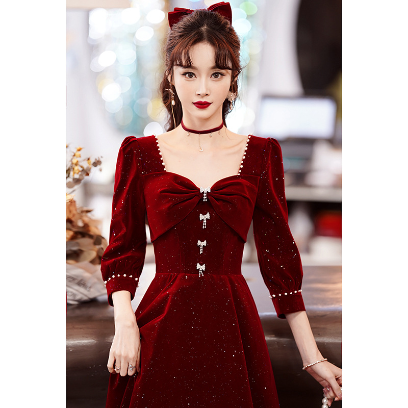 Autumn spring burgundy evening dress