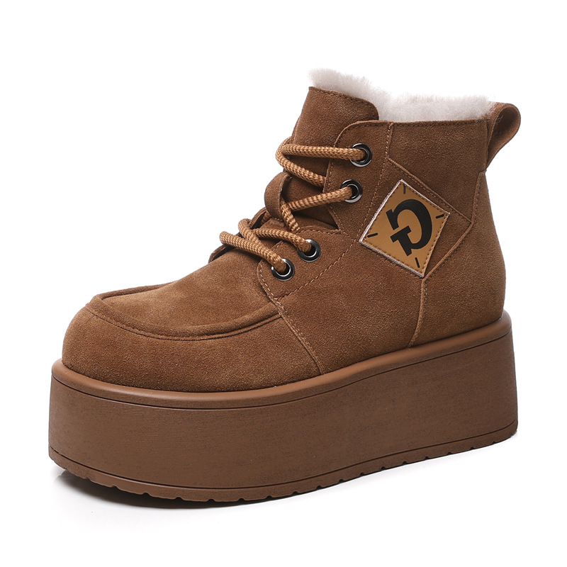 Giày boot nữ cổ cao đế dày tăng chiều cao, lót nhung ấm mùa đông — Màu cà phê