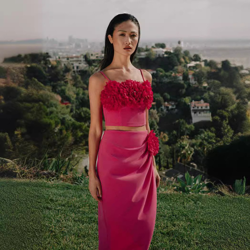 European and American cross-border new women's sexy high waist flower split high-end evening dress top long skirt two-piece foreign trade