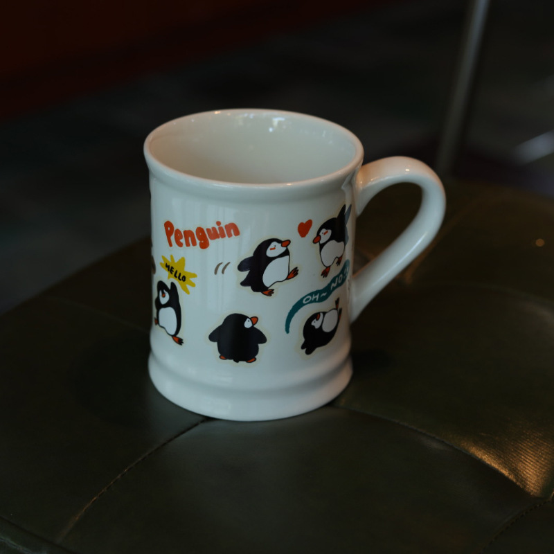 复古小众涂鸦企鹅陶瓷马克杯 可爱小动物水杯杯垫 情侣礼物350ml|undefined