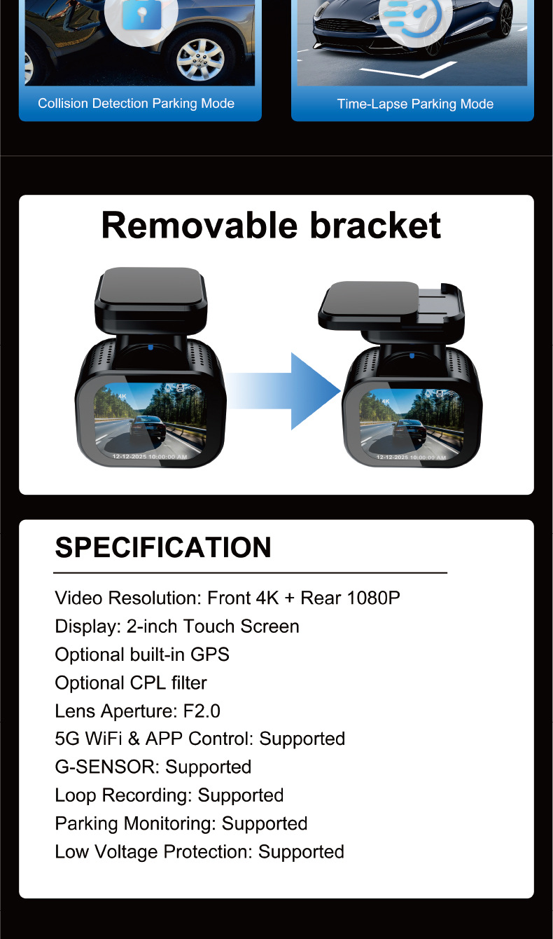 Private model touch screen dashcam cross-border wholesale 4K ultra-high-definition 5G Wi-Fi high-definition dual recording GPS car camera