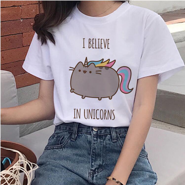 Kawaii Pusheen cat T-shirt women Harajuku Ulzzang funny T-shirt cartoon print pattern short sleeve