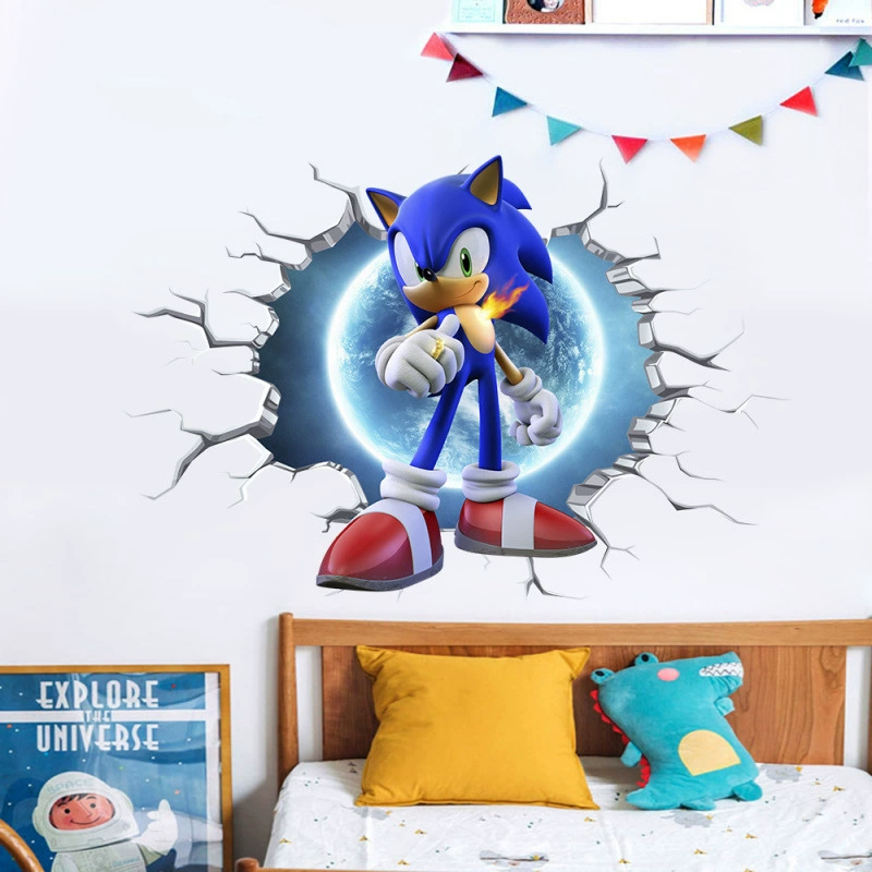 Мультфильм аниме Соник настенная наклейка детская комната граффити украшения 3D сломанная стена мультфильм ПВХ самоклеящаяся наклейка может быть удалена