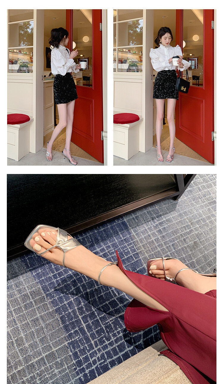 Sandal cao gót nữ hở mũi quai khóa cổ chân gót nhọn 9 cm — Màu vàng, Màu trắng be, Màu bạc chi tiết 25