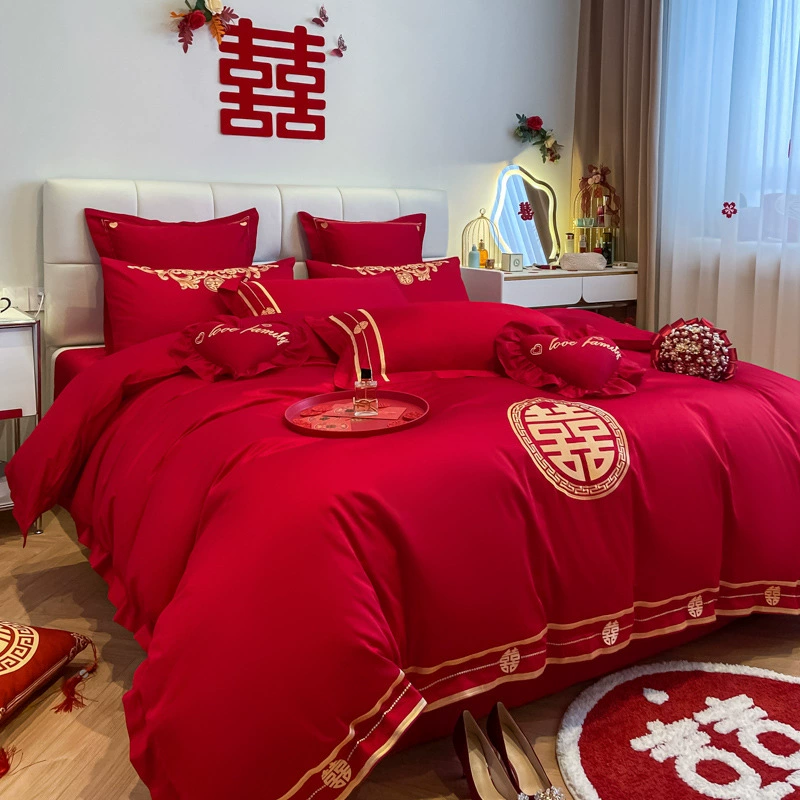 Четыре комплекта свадебного хлопка на свадебной кровати 100 хлопчатобумажные большие красные простыни одеяла свадебные праздничные постельные принадлежности 4