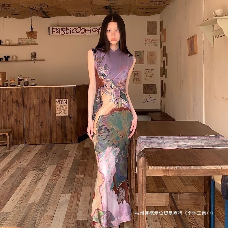 New Chinese Style National Style Front and Back Two-Wear Contrasting Color Cheongsam Dress Women's Summer Fishtail Vest Dress Waist-Hugging Long Skirt