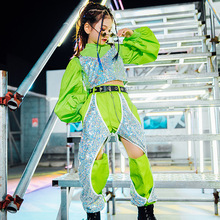 儿童走秀模特服装酷女童t台亮片演出少儿个性童装冬酷炫荧光绿