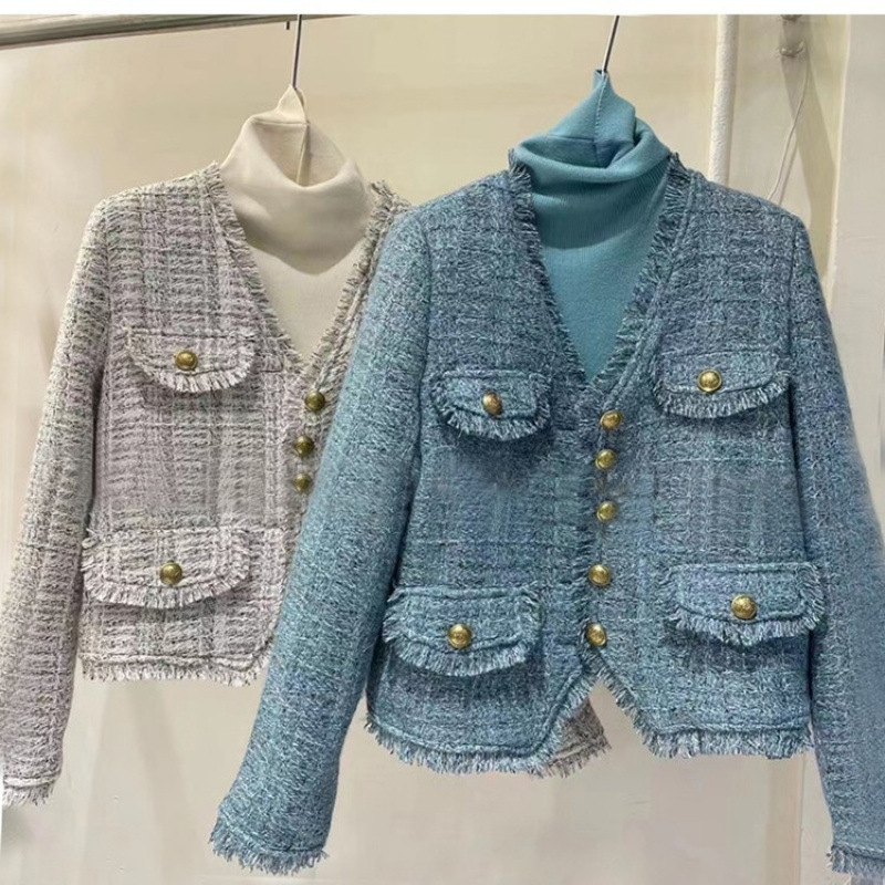 High-End Light Luxury Chanel-Style V-Neck Short Tweed Jacket for Women 2025 Spring Socialite Single-Breasted Cardigan Top