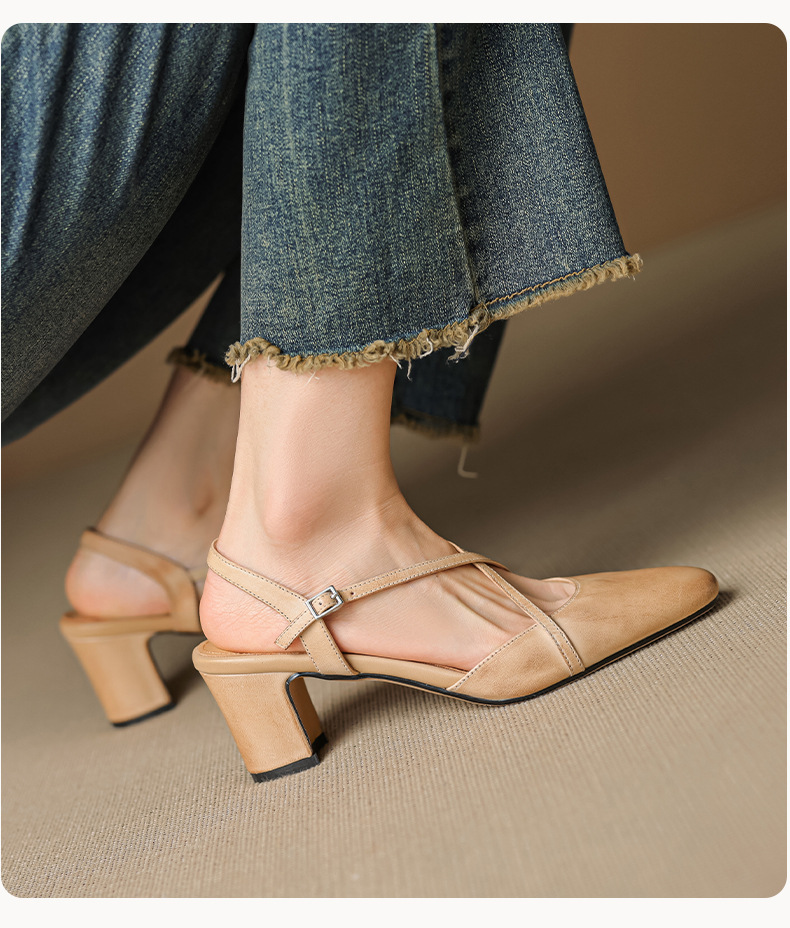 Sandal cao gót nữ mũi nhọn quai chéo buộc dây, gót vuông ổn định — màu trắng ngà chi tiết 11