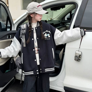 女童加棉加厚棒球服2026秋冬新款大童时髦洋气拼色卡通二棉夹克衫