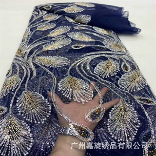 新款时尚海军蓝定位花迪拜婚礼串珠彩钻蕾丝面料法国派对礼服布料