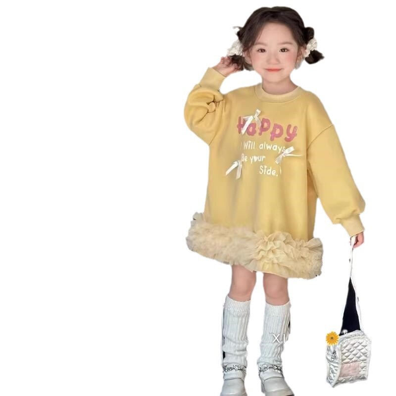 Vestido de niñas otoño y invierno letras extranjeras impresión arco y camisa de lana vestido de malla para niños