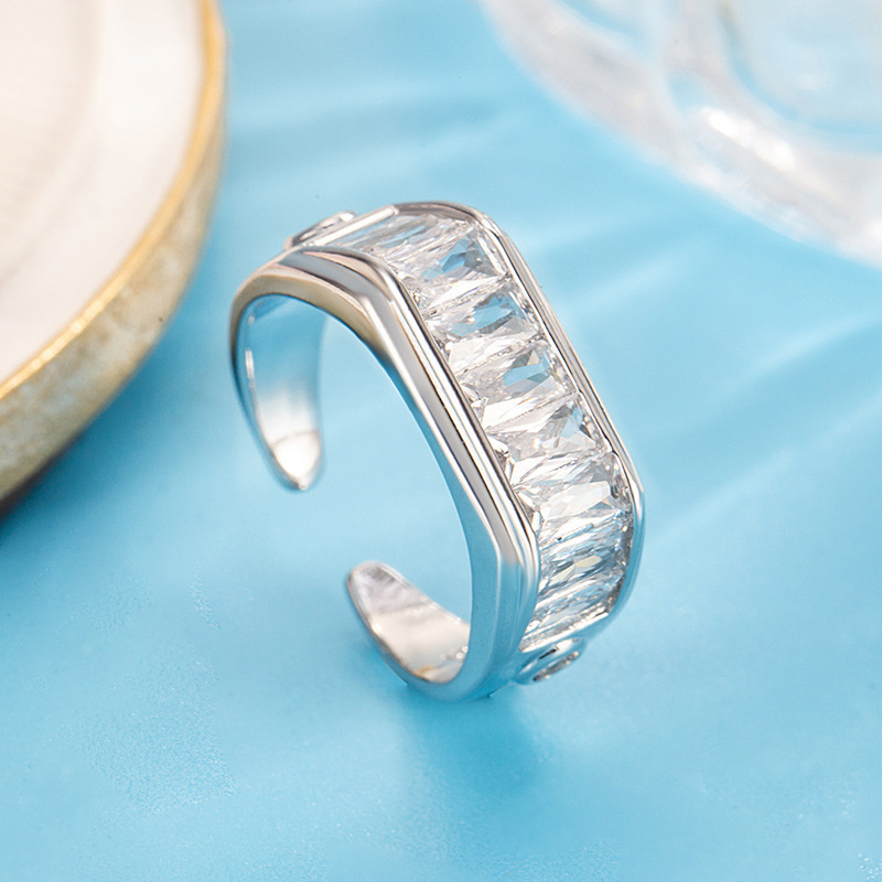 New Micro-Paved Rectangular Zircon Ring for Women, Fashionable Light Luxury Open Index Finger Ring, Exquisite and Versatile Hand Jewelry
