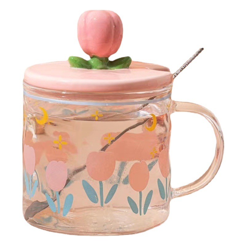 3D Flor de cerámica taza con tapa cuchara regalo personalizado japonés beber café