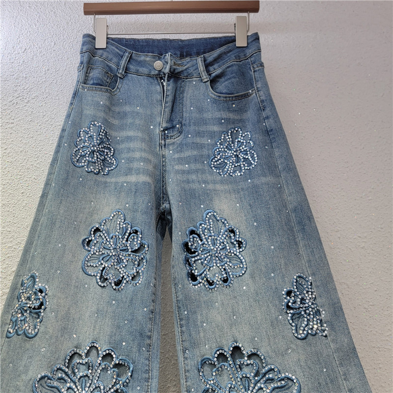 Pantalones Vaqueros Rectos con Bordado y Pedrería para Mujer Mezclilla Elástica Corte Recto Cintura Media
