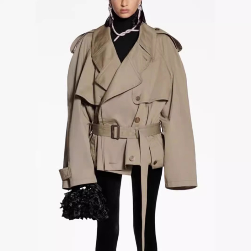 Fr*Nkie S*Op 2026 Workwear-Style Loose Oversized Double-Breasted Short Belted Trench Coat
