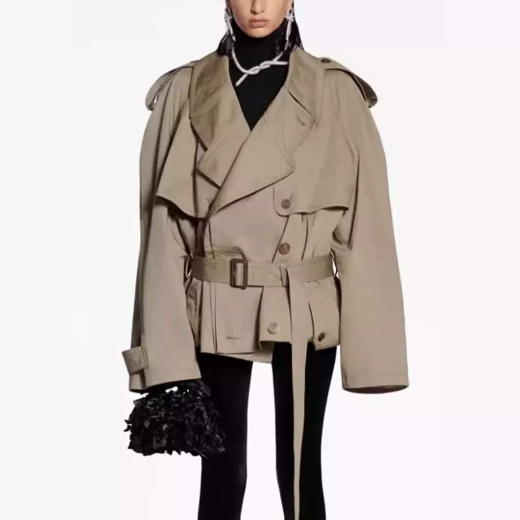 Fr*nkie s*op 2026工装感宽松大廓形双排扣短款系带收腰风衣外套