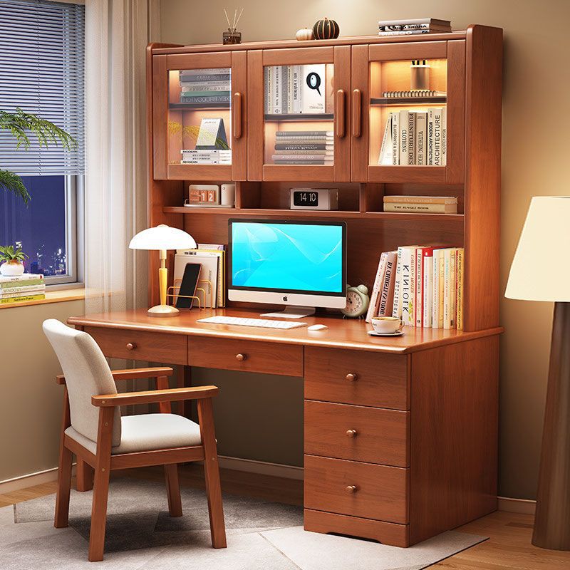 Solid Wood Desk and Bookshelf Integrated Table for Home Use, Bedroom Student Writing Desk with Bookcase, Simple Office Computer Desk