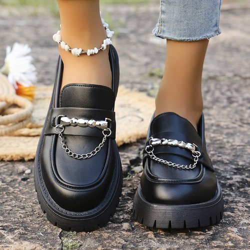 Black Loafers for Women 2025 Thick Sole Chain Single Shoes with Elegant British Style Small Leather Shoes