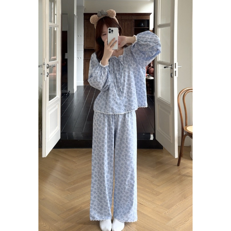2025 韩系碎花简约舒适花边睡衣套装休闲家居服|undefined