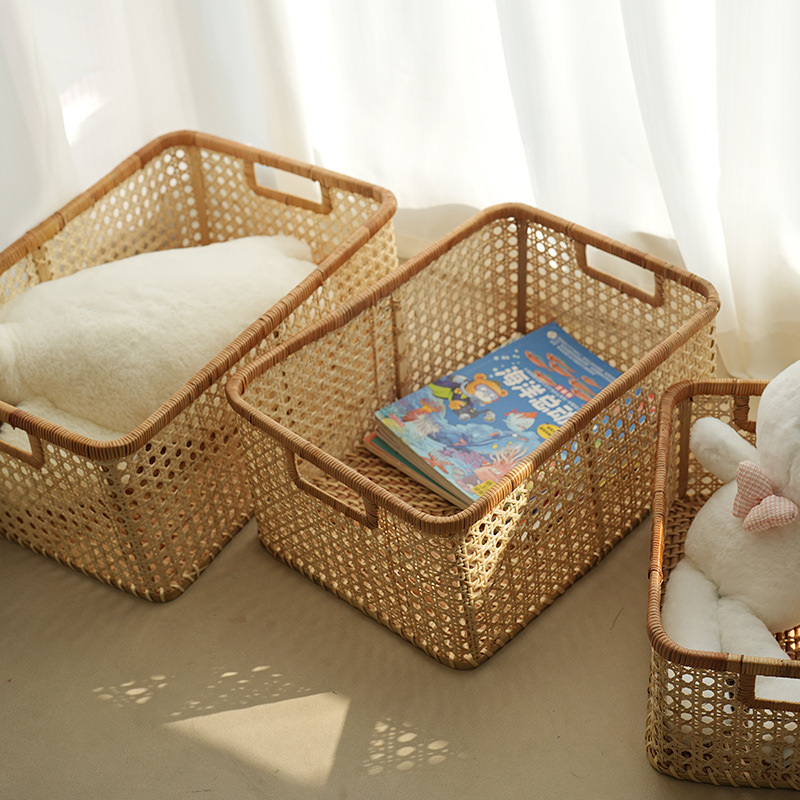 Cesta de almacenamiento de ratán Cesta de almacenamiento tejida a mano Marco grande Libro de CD de lujo ligero nórdico Almacenamiento en el hogar Artículos para el hogar
