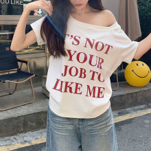 纯棉字母印花斜肩宽松辣妹T恤女 夏季韩系简约露肩短袖百搭上衣潮