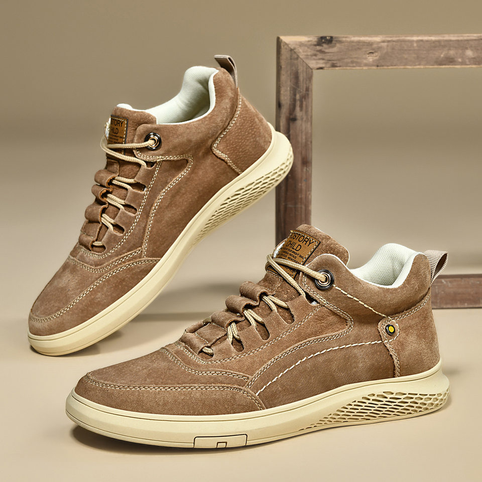 Giày sneaker nam cao cổ da thật thoáng khí đế bằng thời trang dễ phối đồ — Màu cát 983, Màu nâu 983